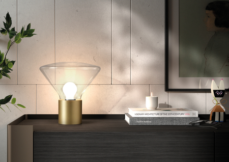 Lampa stołowa DELTA mosiądz mat E27 szkło transparentne