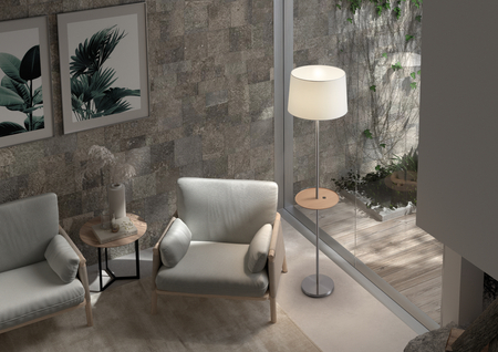 Lampa podłogowa ROMESA chrom matowy, naturalny 1xE27 porty USB A & C abażur biały