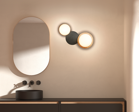 Lampa ścienna łazienkowa FLOC DUO PLUS M drewno naturalne, czarny mat Ø17+Ø15 2xE27