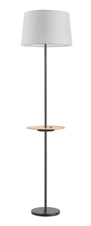 Lampa podłogowa ROMESA czarny mat, naturalny 1xE27 porty USB A & C abażur biały